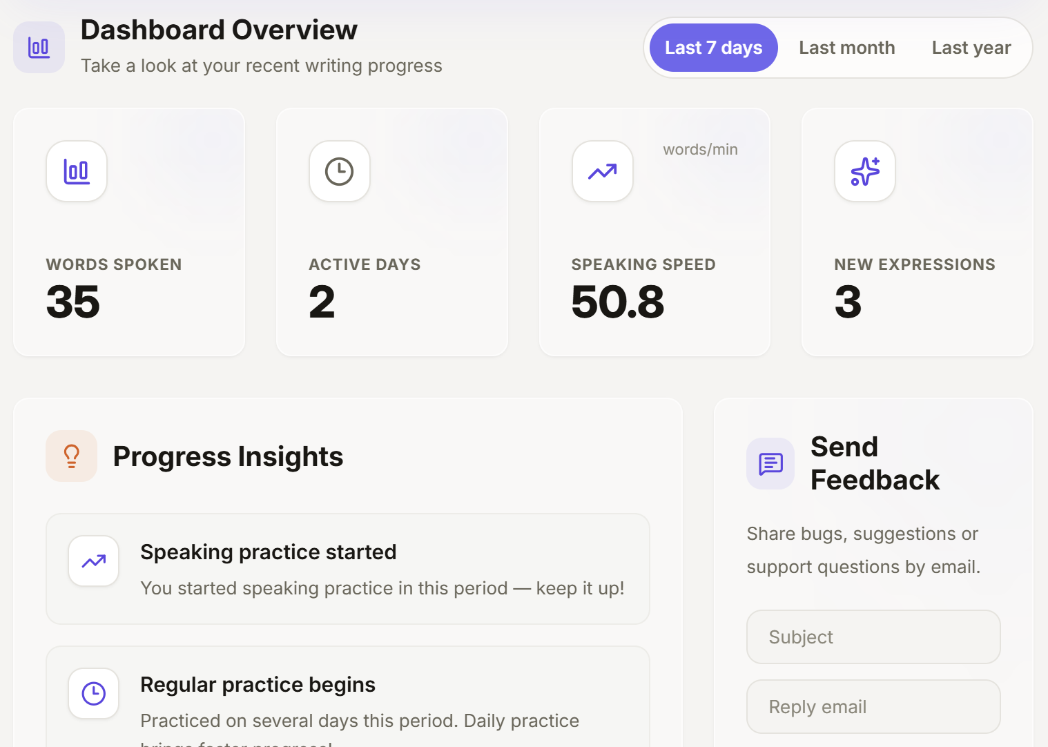 Parent dashboard with practice stats