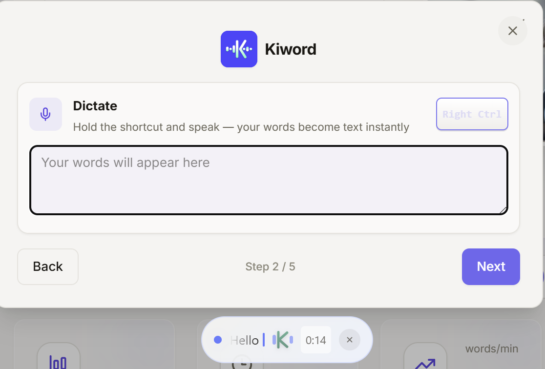 Kids dictation: holding the shortcut and speaking, words appear on screen